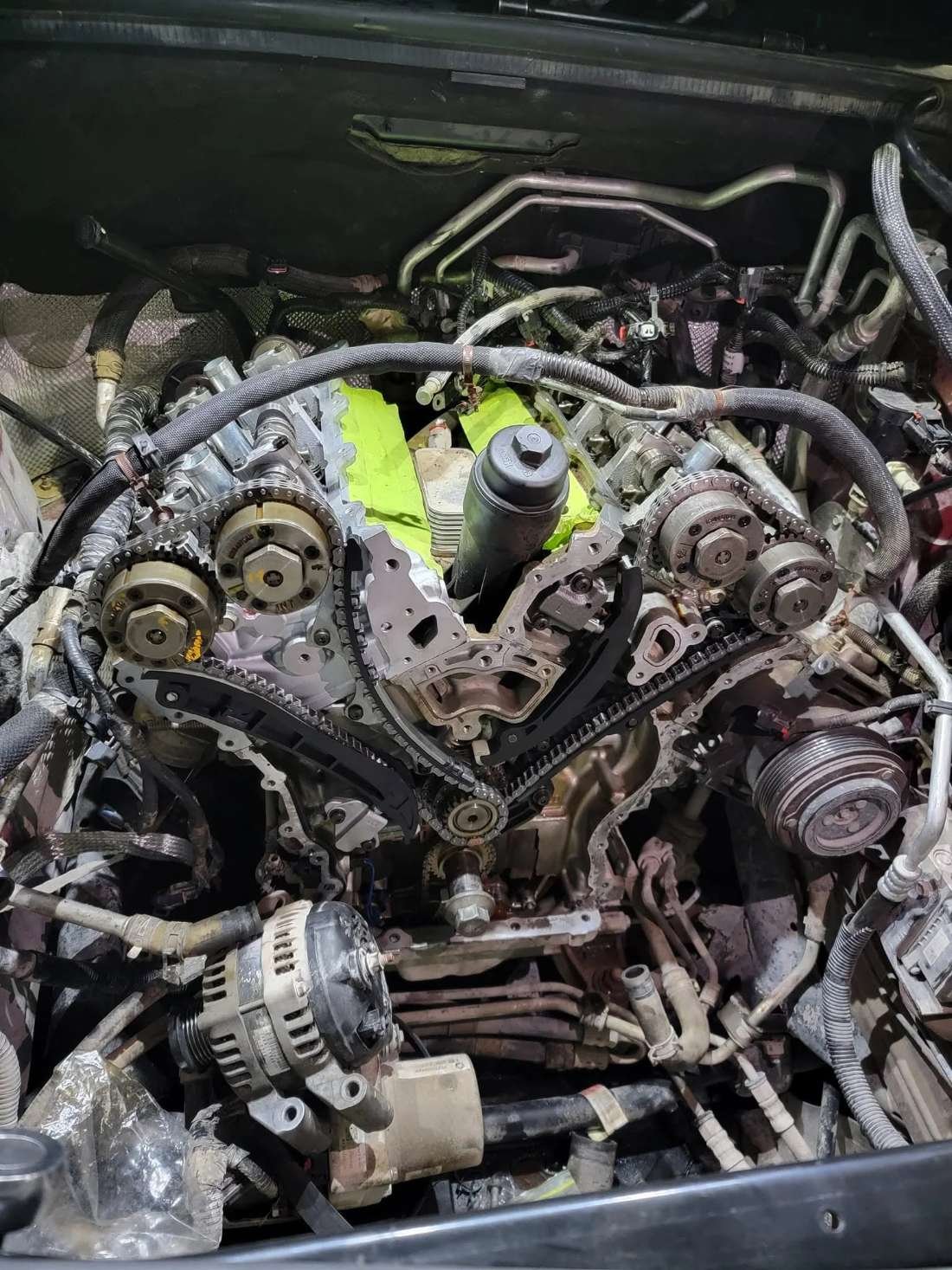 Engine block with cylinder head removed during a rebuild